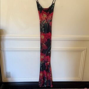 SHEIN X Sheer Long Dress Red Floral Vacation Club Festival Sz XS NWT